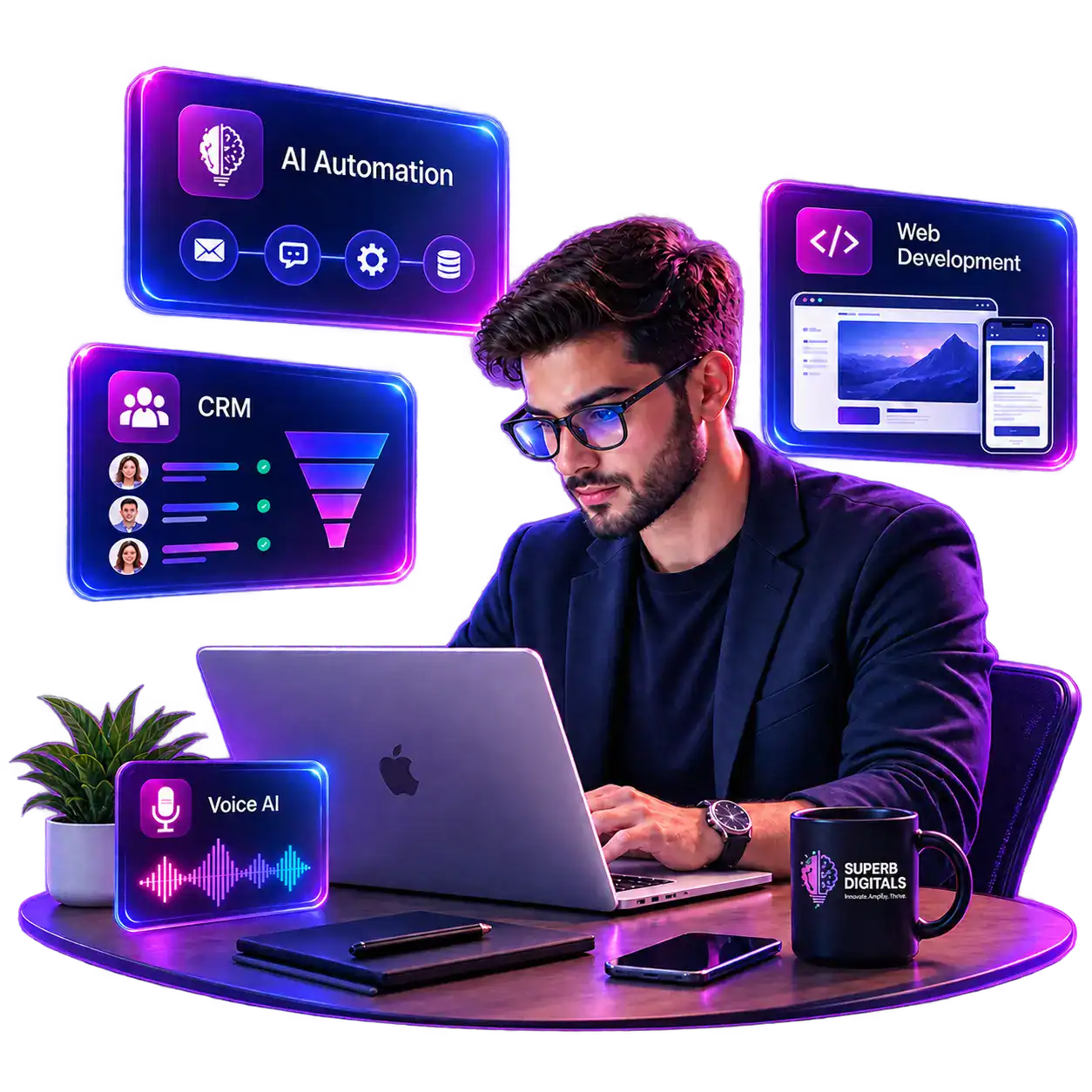 Superb Digitals visual representing AI automation, CRM, voice AI and web development