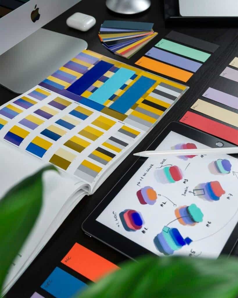 Graphic design workspace with printed layouts and color samples